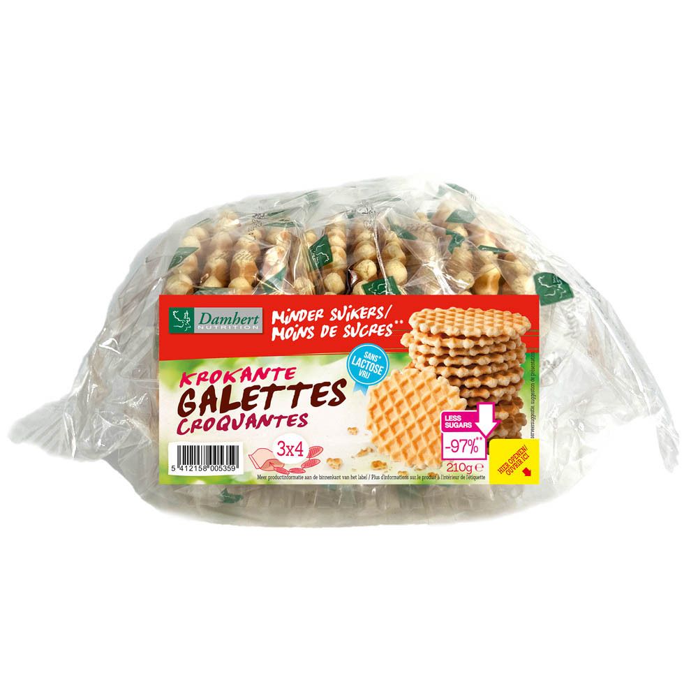 Paquet de galettes croustillantes Damhert. Inscription: Krokante Galettes, moins de sucre, sans lactose. 3x4.