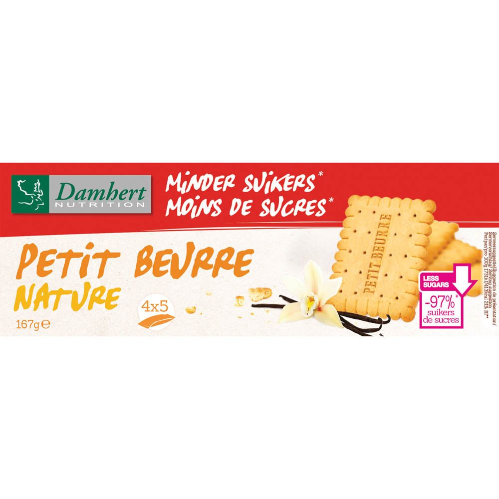 Verpakking van Damhert Butterkekse zuckerfrei. Opschrift: Petit Beurre Nature, minder suiker. Afbeelding van koekjes en vanille.