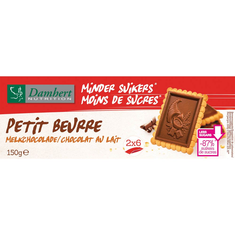 Verpakking met koekjes. Opschrift: Petit Beurre, melkchocolade. Merk: Damhert Nutrition. Minder suikers.
