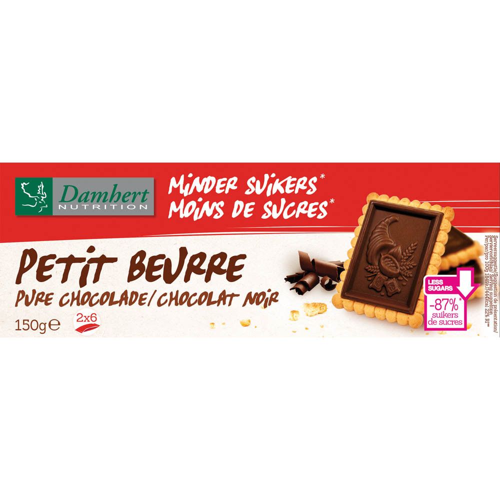 Boîte de biscuits au chocolat Damhert Petit Beurre. Boîte rouge avec nom du produit, logo et biscuits.
