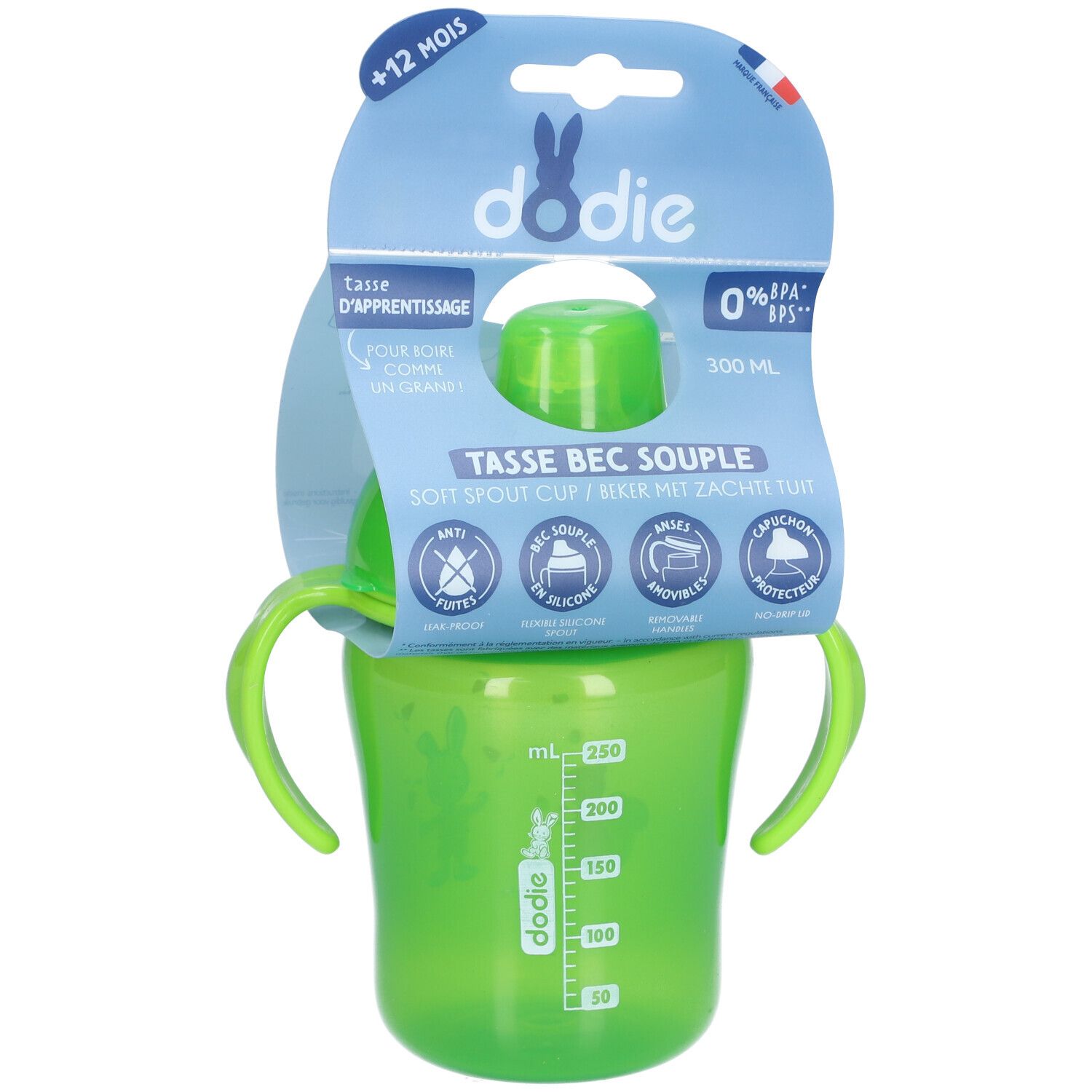 Gobelet vert avec poignées et couvercle. Emballage avec informations et marque.