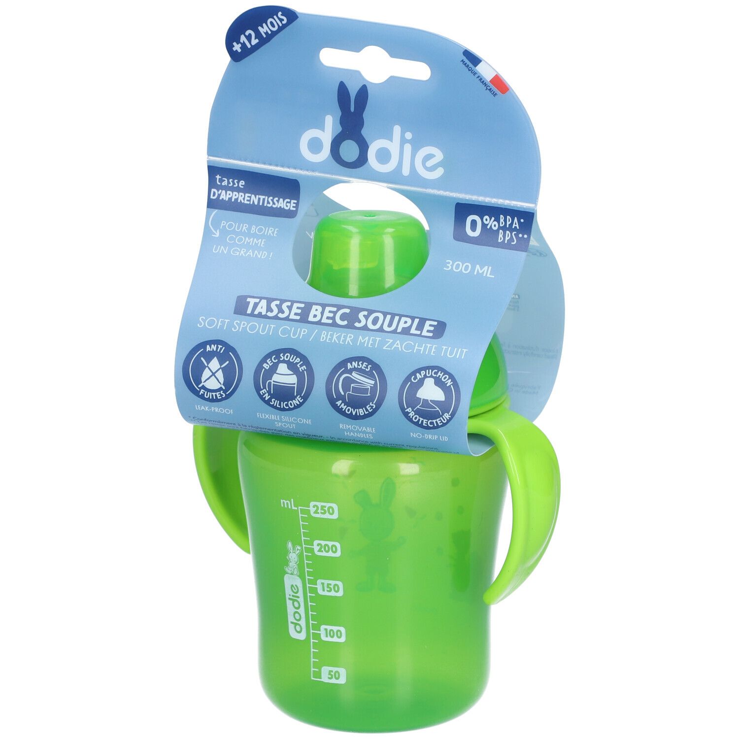 Gobelet vert avec poignées et couvercle. Emballage avec informations et marque.
