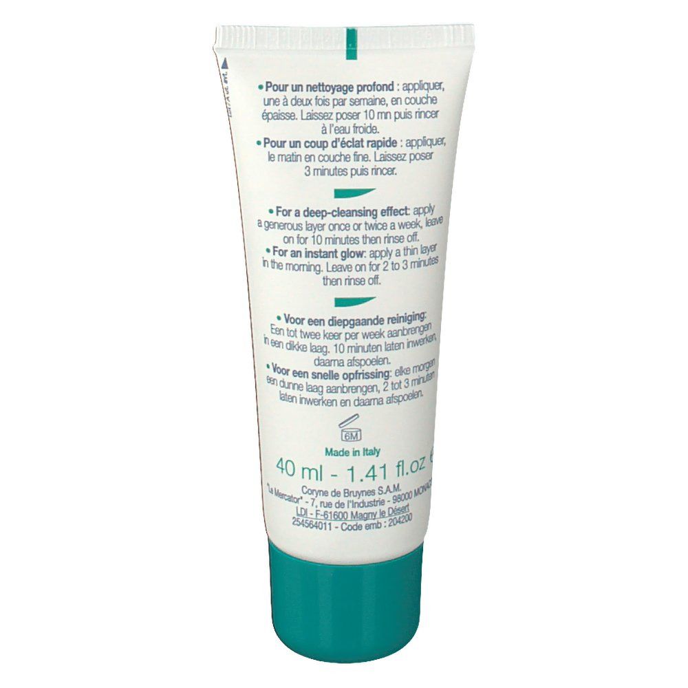 Dos du tube de crème. Texte multilingue. Couleur blanche et verte.
