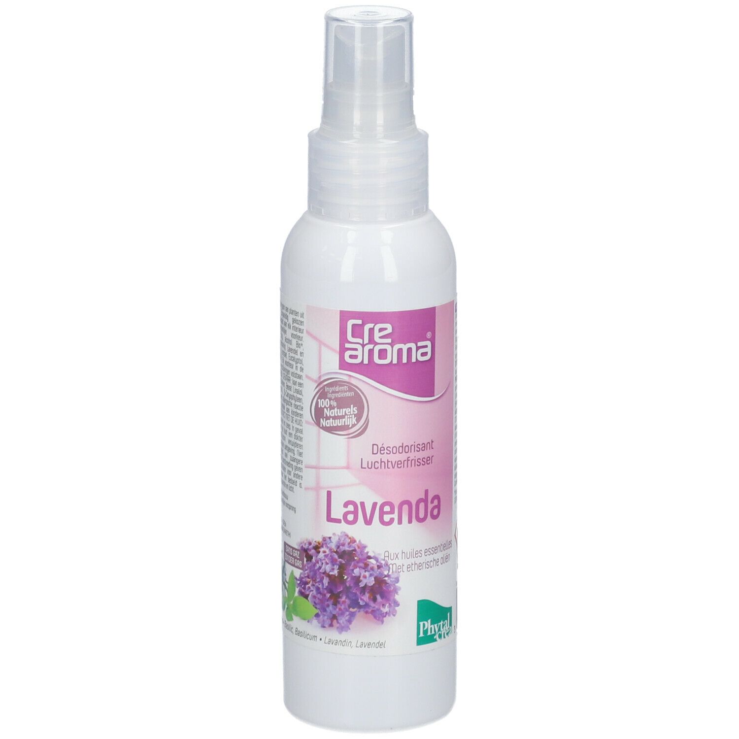Spray blanc avec étiquette violette. Inscription: Cre aroma, Lavenda, Désodorisant, avec illustration de lavande.