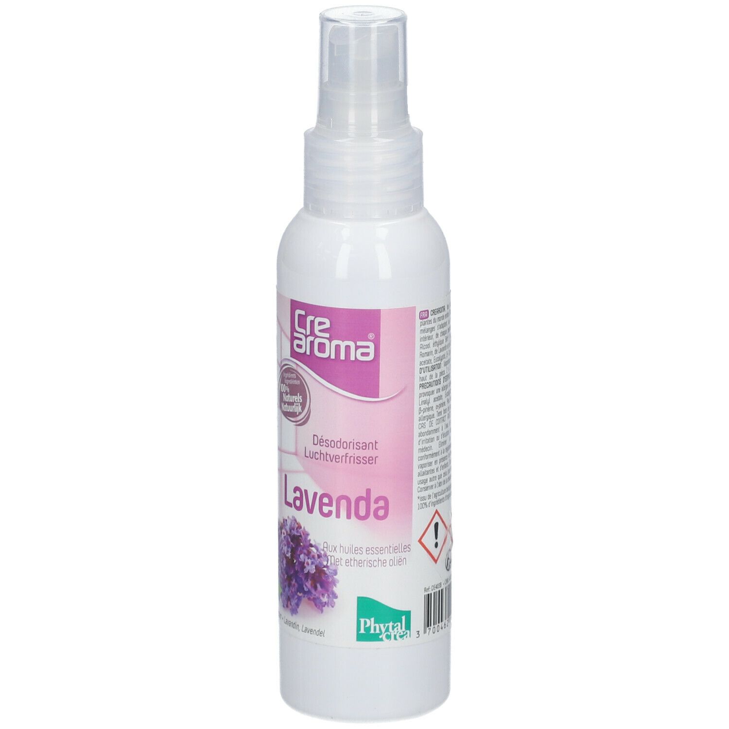 Spray blanc avec étiquette violette. Inscription: Cre aroma, Lavenda, Désodorisant, avec illustration de lavande.