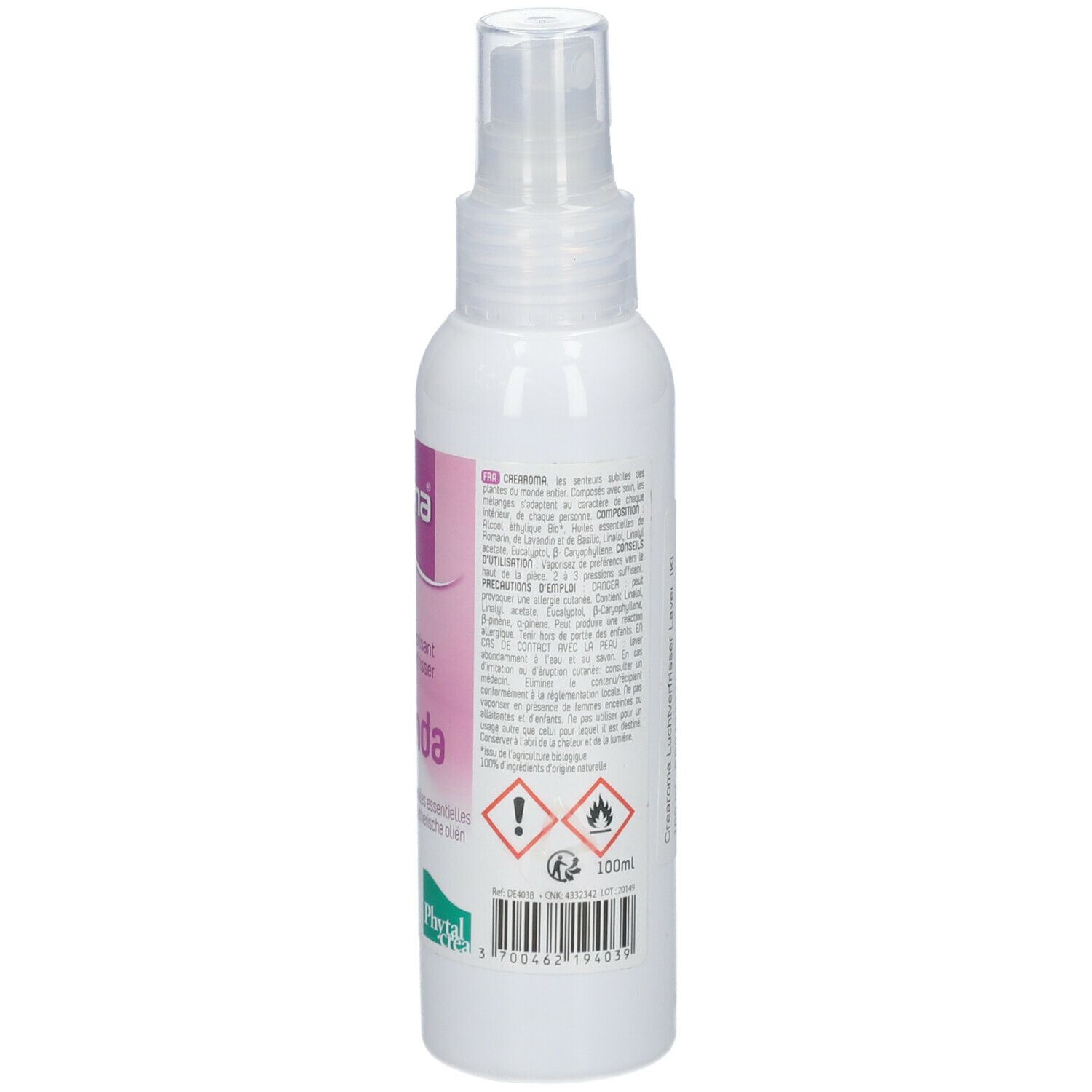 Spray blanc avec étiquette. Texte: Cre aroma, Lavenda, Désodorisant. Verso avec texte, pictogrammes et 100ml.