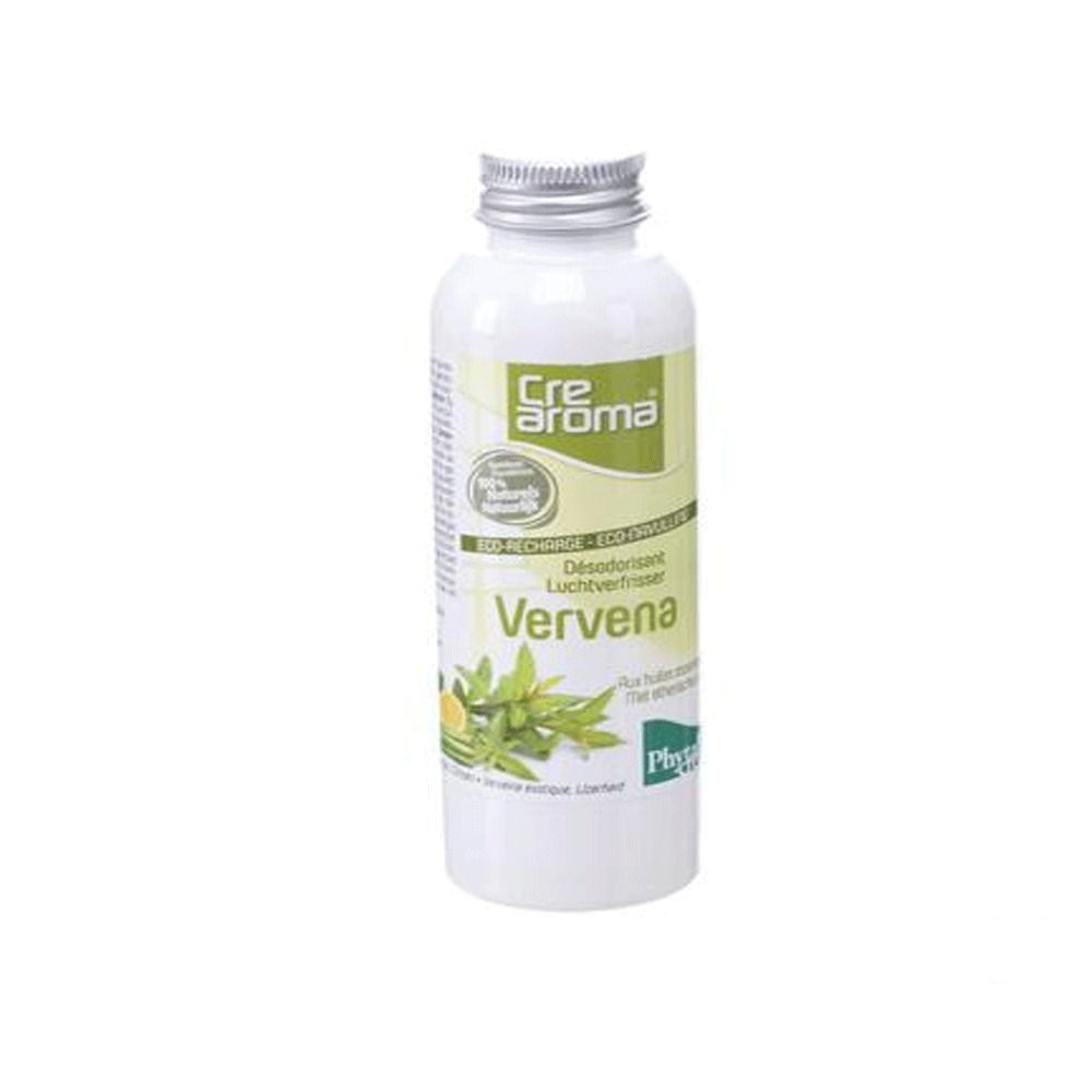 Witte fles met zilveren dop. Opschrift "Crearoma Vervena". Groen-wit etiket met plantenillustratie.