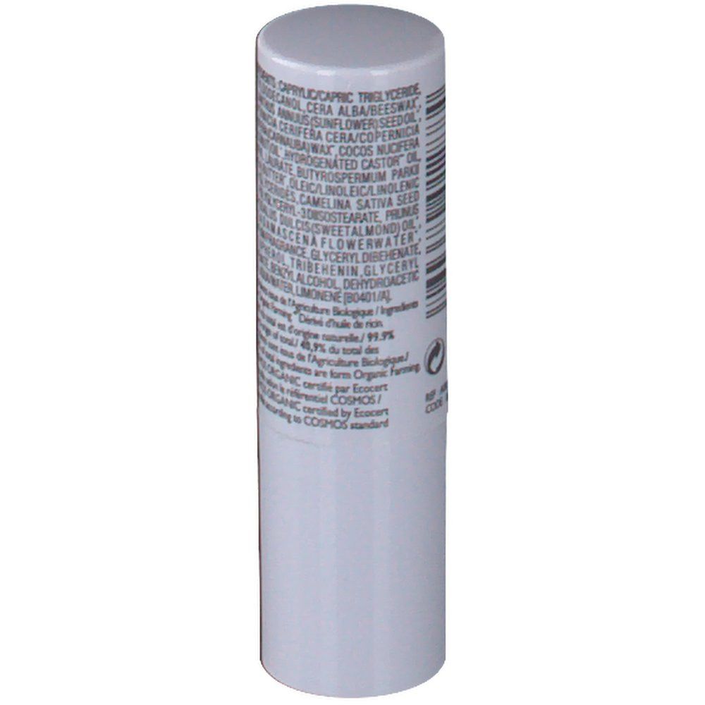 Stick lèvres. Tube blanc avec liste d'ingrédients. Inscription: Ingrédients, COSMOS ORGANIC, certifié par ECOCERT.