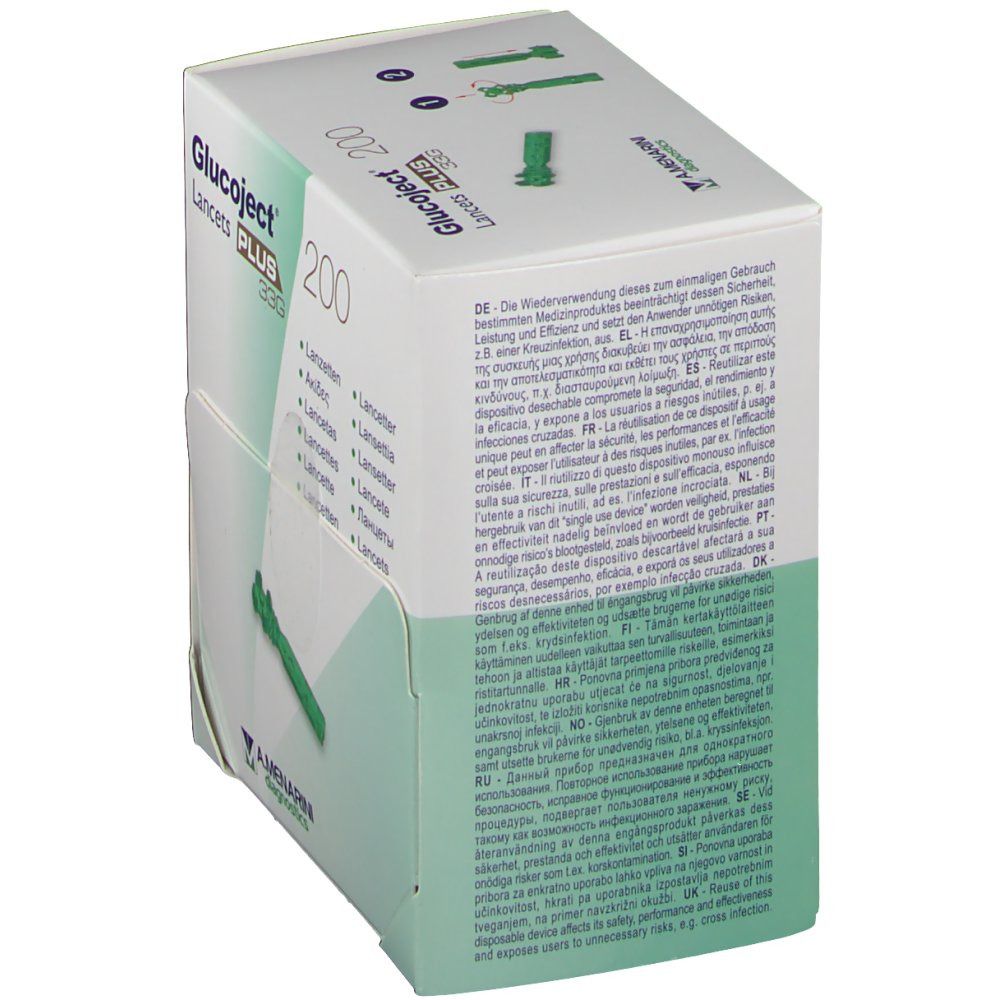 Vue en biais de la boîte Glucoject PLUS 33G. Texte multilingue. Logo A. Menarini Diagnostics.
