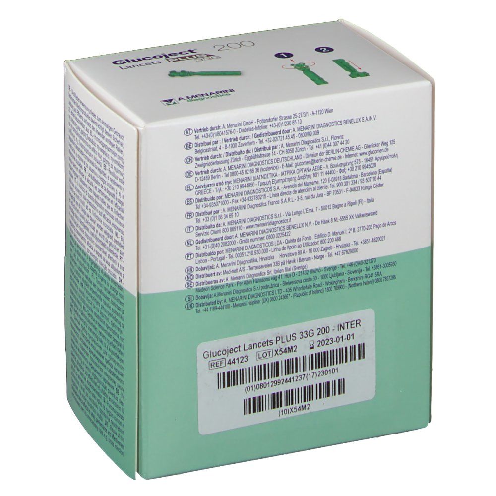 Boîte de lancettes Glucoject PLUS 33G, 200 unités. Numéro de référence interne. Logo A. Menarini Diagnostics.