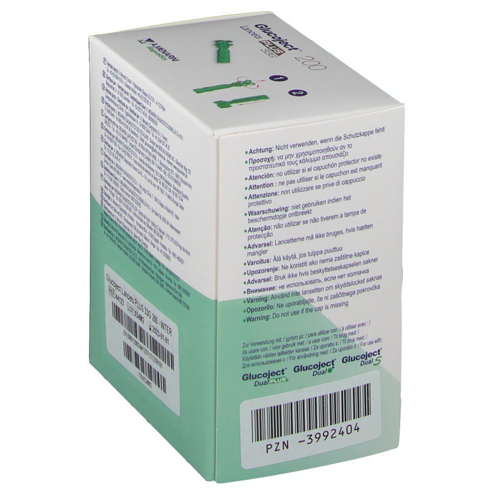 Dos de la boîte Glucoject PLUS 33G. Avertissements. Numéro PZN. Logo A. Menarini Diagnostics.