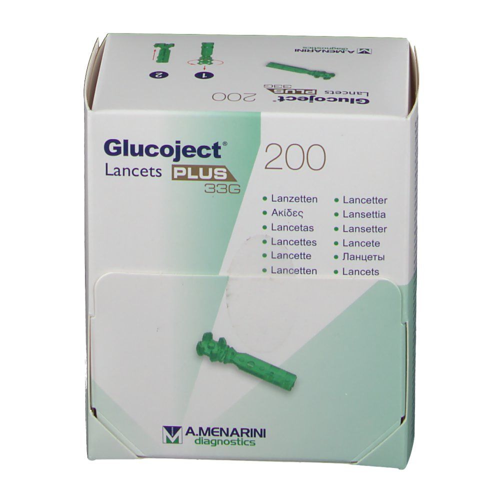 Vue de face de la boîte Glucoject PLUS 33G. 200 unités. Lancette verte. Logo A. Menarini Diagnostics.