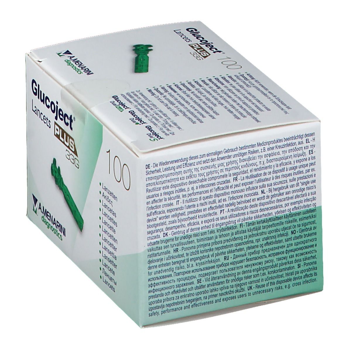 Doosje Glucoject Plus lancetten. Groen en wit. Opschrift: 100, 33G. A. Menarini Diagnostics logo. Meertalige tekst.