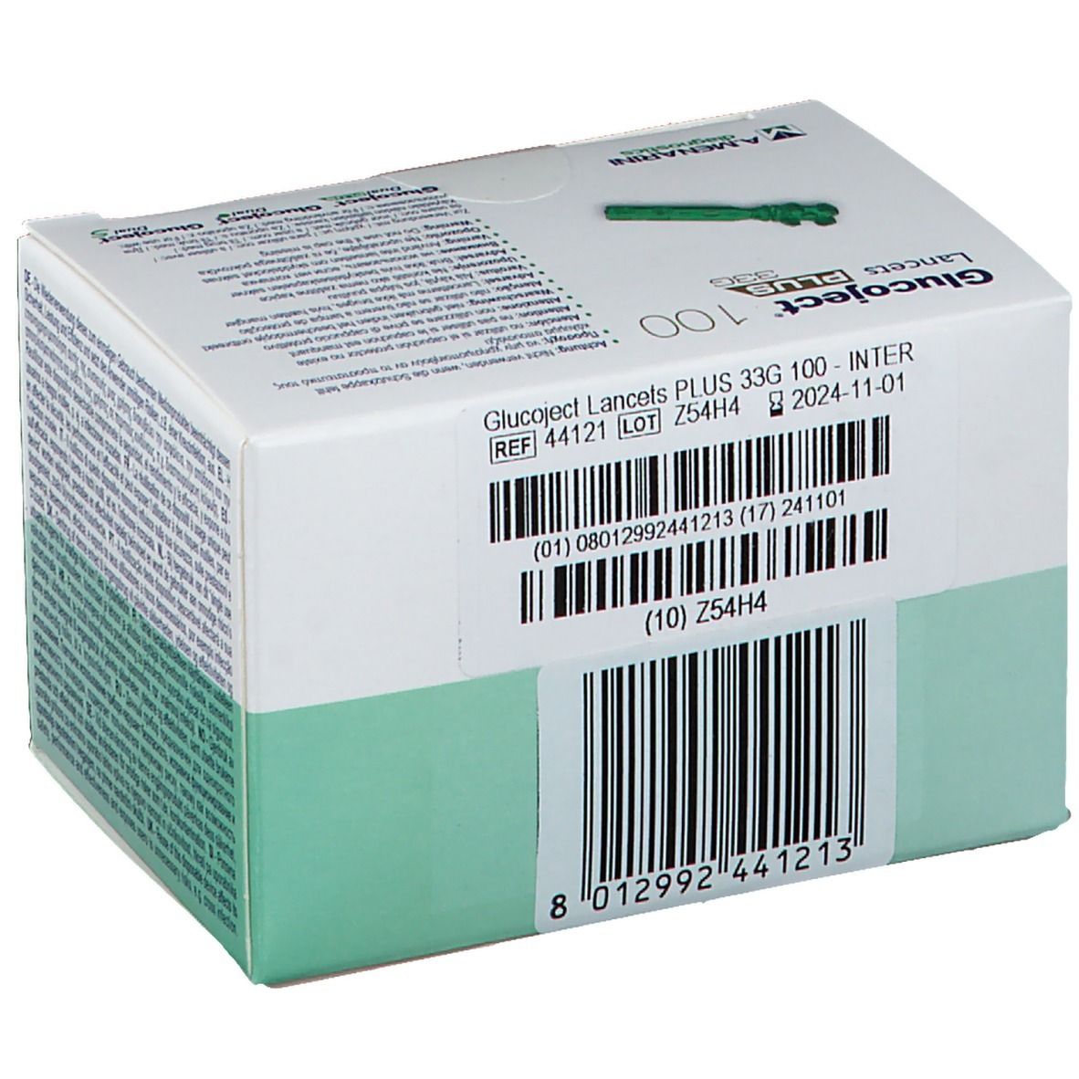 Achterkant van de Glucoject Plus lancetten doos. Barcode, lotnummer, vervaldatum. Tekst: 100, 33G, INTER.