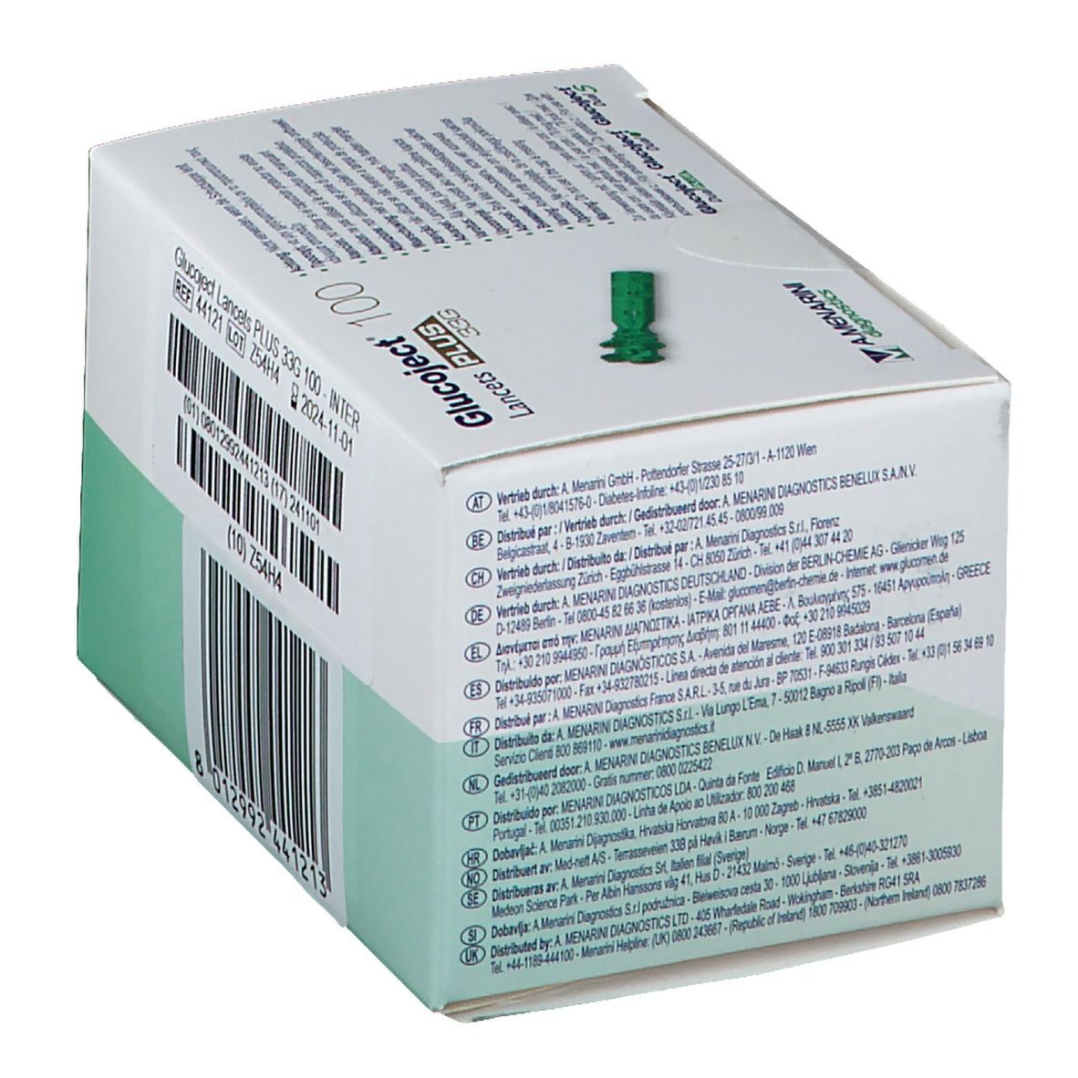 Achterkant van de Glucoject Plus lancetten doos. Barcode, lotnummer, vervaldatum. Tekst: 100, 33G, INTER. Meerdere adressen.