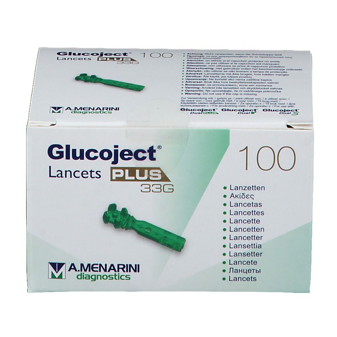 Doosje Glucoject Plus lancetten. Groen en wit. Opschrift: 100, 33G. A. Menarini Diagnostics logo. Meertalige tekst.
