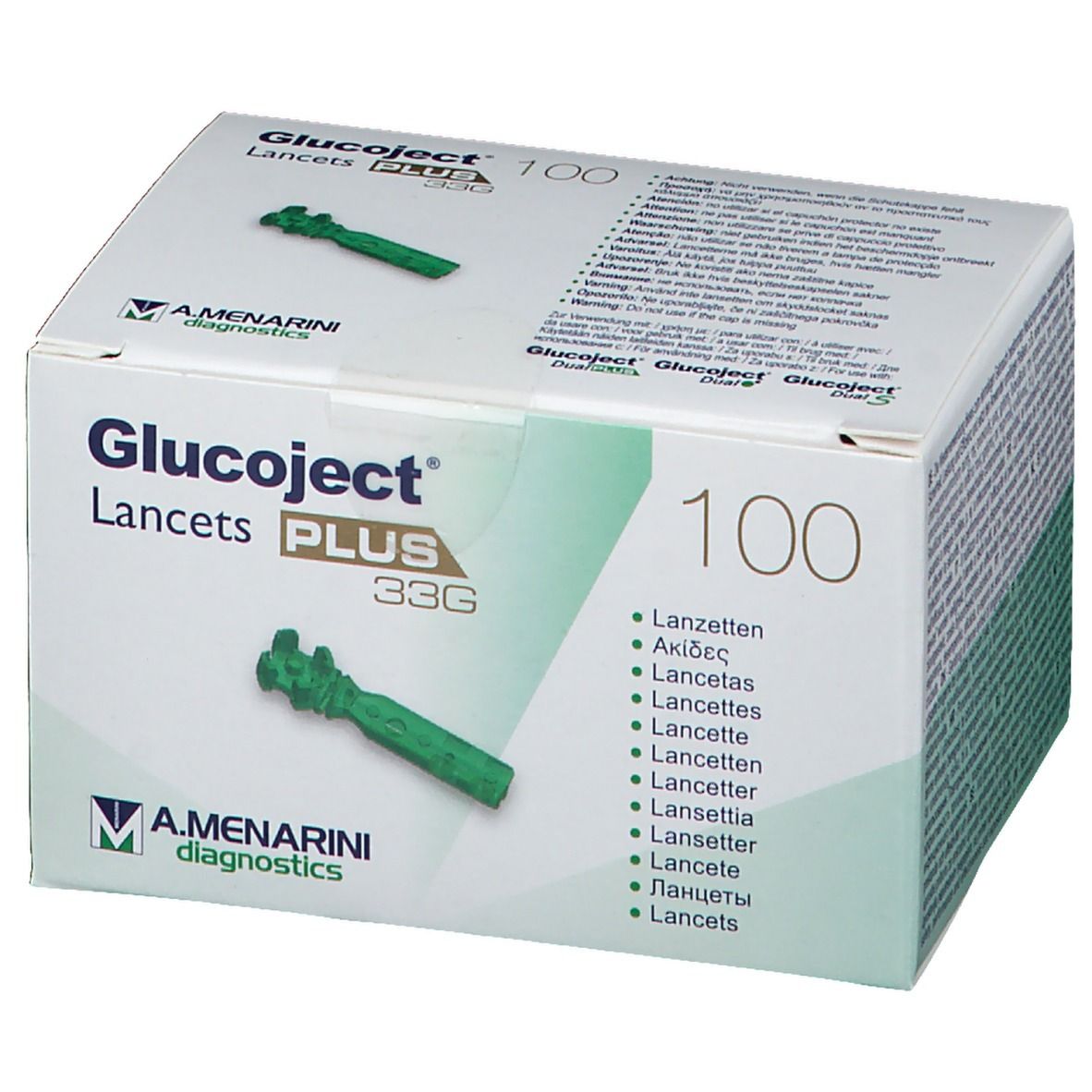 Doosje Glucoject Plus lancetten. Groen en wit. Opschrift: 100, 33G. A. Menarini Diagnostics logo. Meertalige tekst.