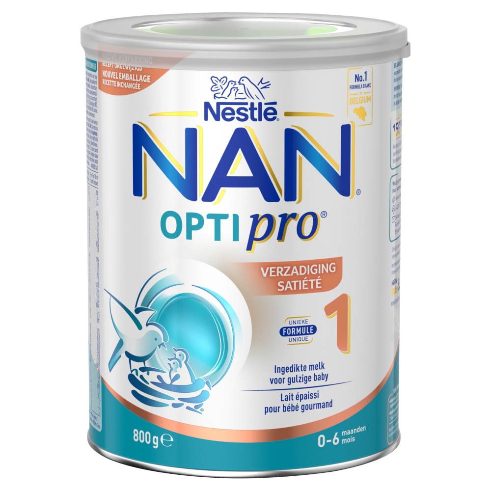 Voorkant van de NAN Optipro 1. Blauw-wit design. 800g. Voor 0-6 maanden.
