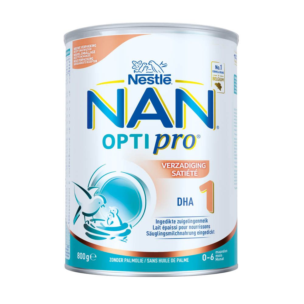 Voorkant van de NAN Optipro 1. Blauw-wit design. 800g. Voor 0-6 maanden.