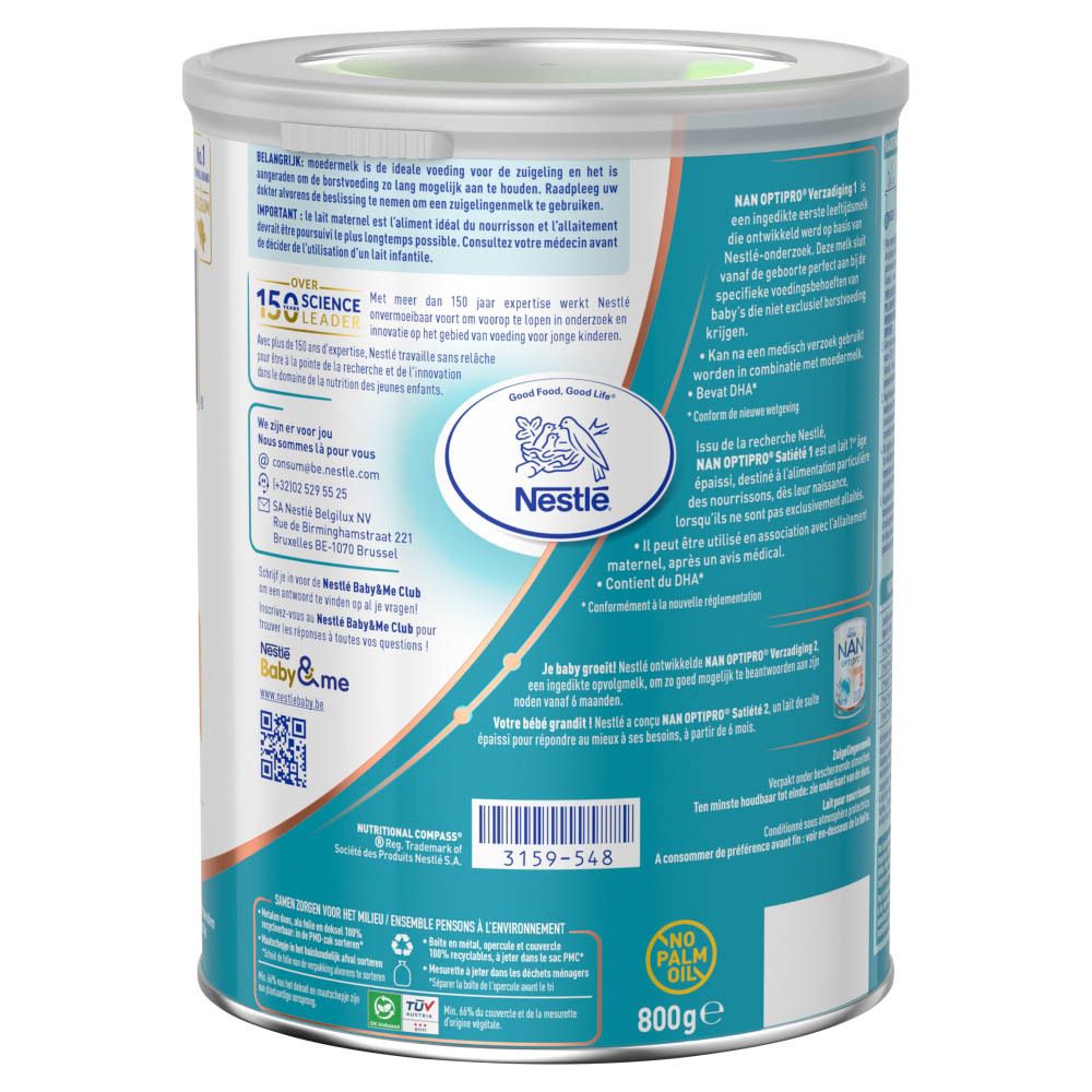 Dos de la boîte NAN Optipro 1. Contient des informations et des logos.
