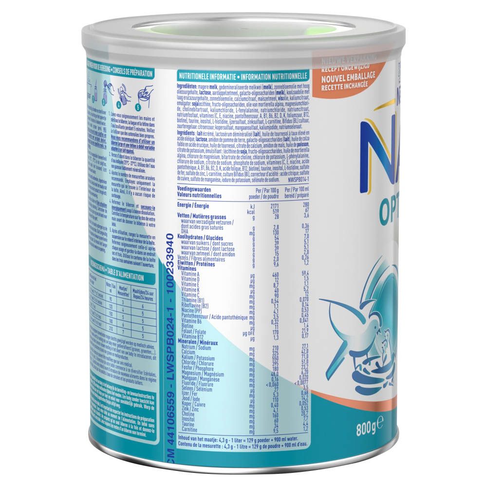 Achterkant van de NAN Optipro 1 babyvoeding. Bevat voedingswaarde-informatie en ingrediënten.