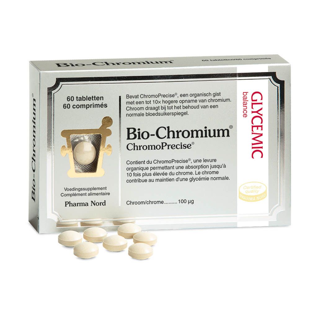 Bio-Chromium tabletten en doosje. 60 tabletten. Merk Pharma Nord. Glycemic Balance logo.