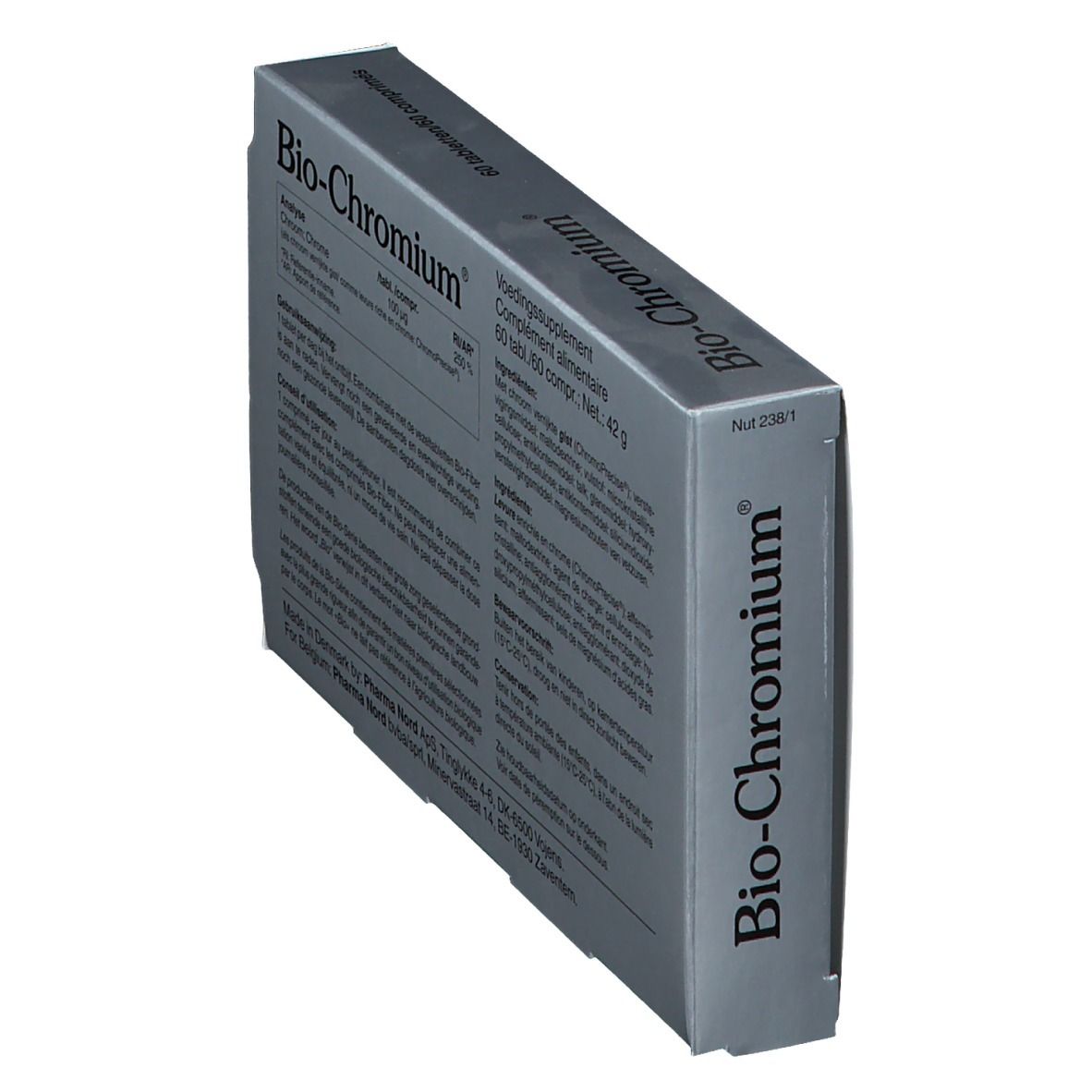 Schuin doosje Bio-Chromium. Tekst op achterkant. Merk Pharma Nord. 60 tabletten.