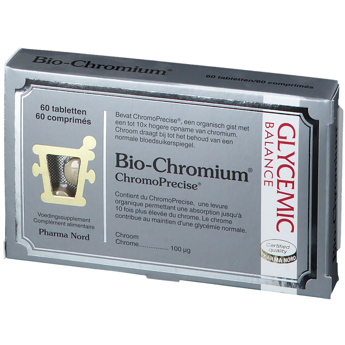 Doosje Bio-Chromium tabletten. 60 tabletten. Merk Pharma Nord. Glycemic Balance logo.