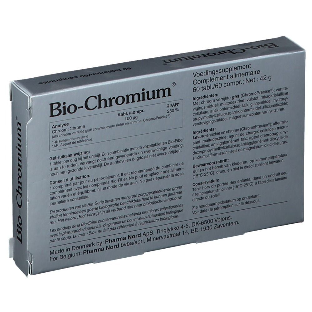 Achterkant Bio-Chromium doosje. Meertalige tekst. Merk Pharma Nord. 60 tabletten.