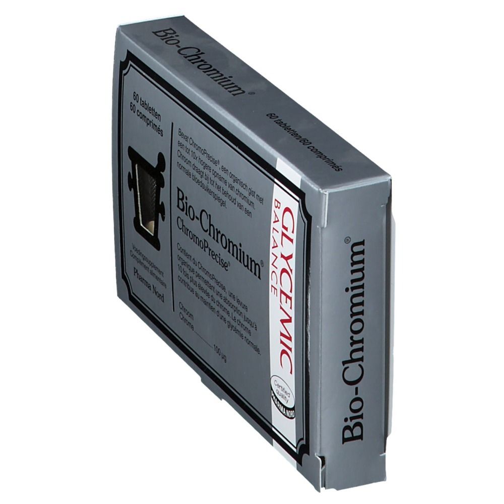 Schuin doosje Bio-Chromium. Merk Pharma Nord. Glycemic Balance logo. 60 tabletten.