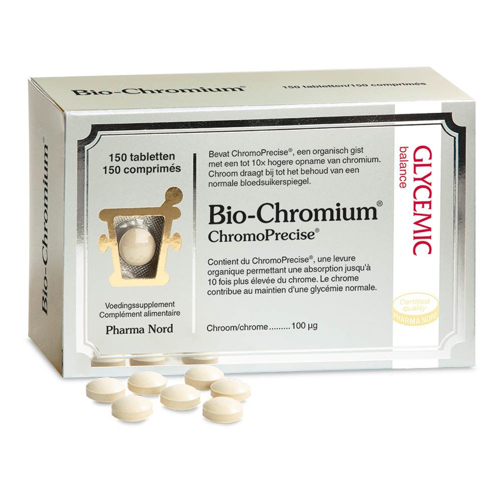 Bio-Chromium verpakking. Grijze doos met 150 tabletten. Bevat ChromoPrecise. Glycemic Balance logo.