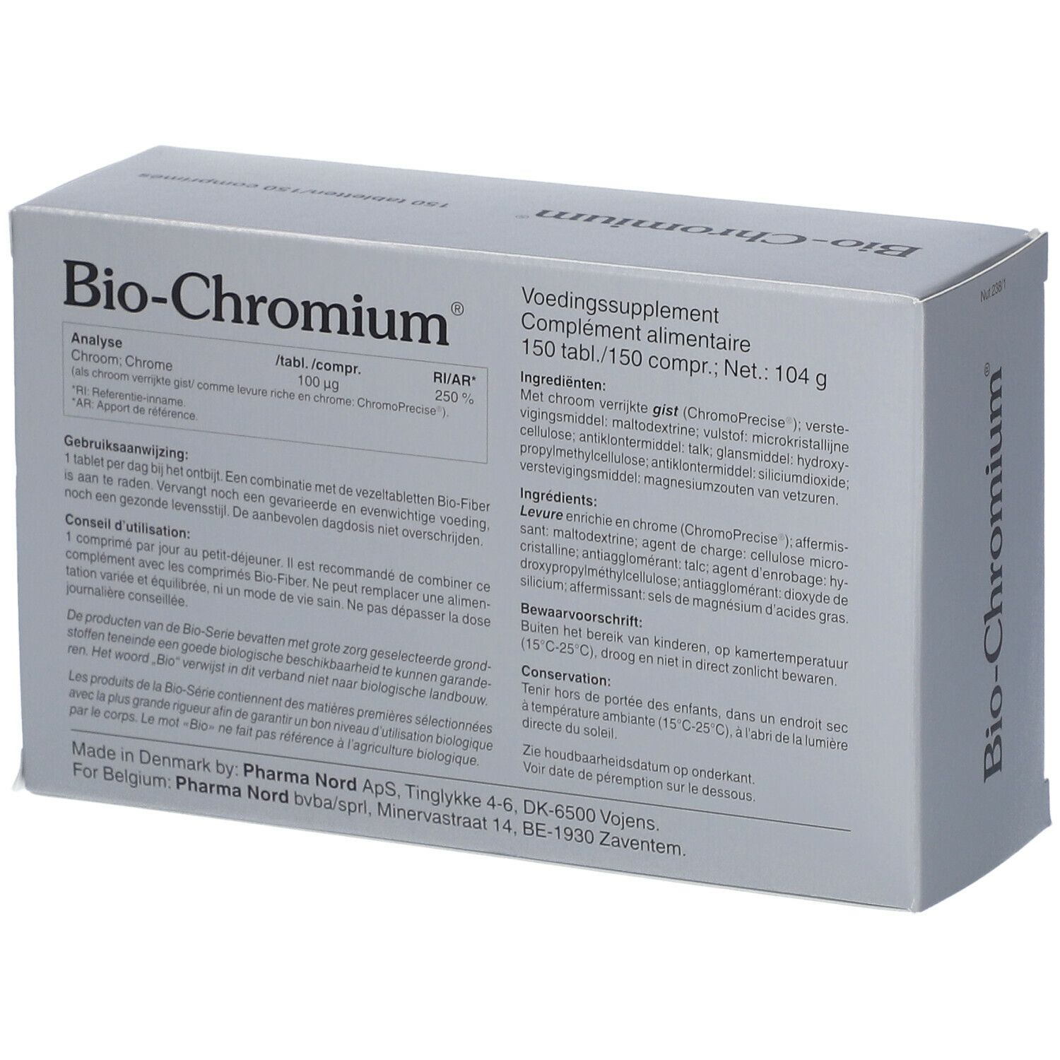 Bio-Chromium-Verpackung. Graue Schachtel mit 150 Tabletten. Enthält ChromoPrecise. Glycemic Balance-Logo.