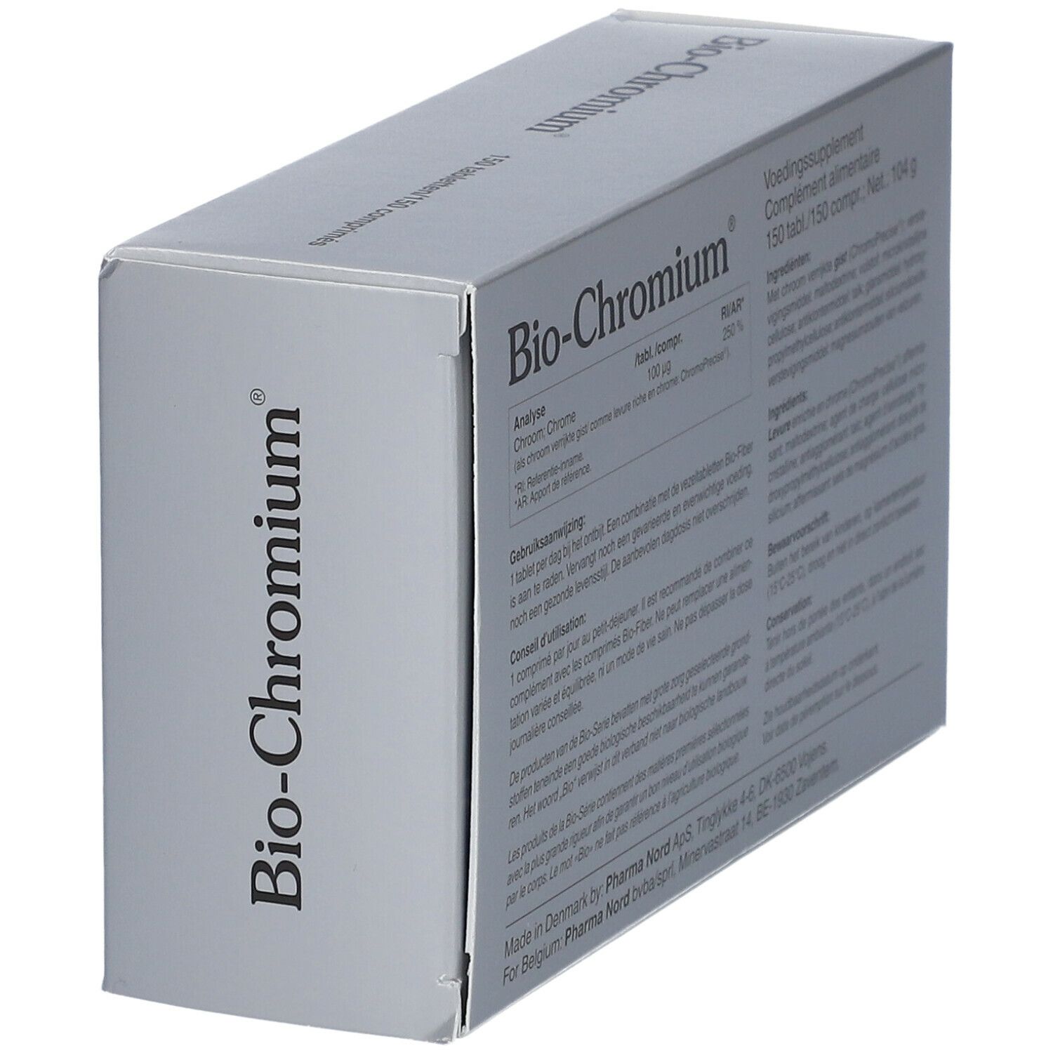 Bio-Chromium-Verpackung. Graue Schachtel mit 150 Tabletten. Enthält ChromoPrecise. Glycemic Balance-Logo.