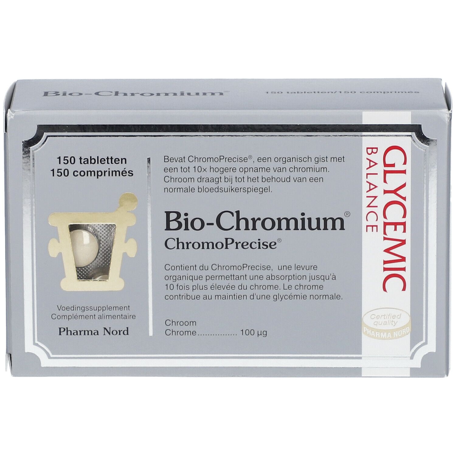 Bio-Chromium-Verpackung. Graue Schachtel mit 150 Tabletten. Enthält ChromoPrecise. Glycemic Balance-Logo.