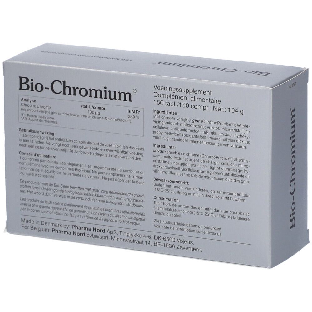 Bio-Chromium verpakking. Grijze doos met 150 tabletten. Bevat ChromoPrecise. Glycemic Balance logo.