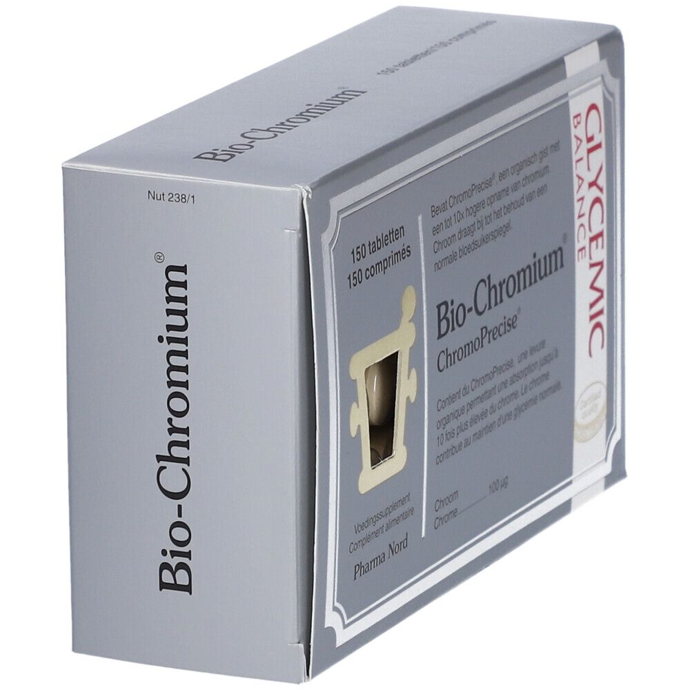 Bio-Chromium verpakking. Grijze doos met 150 tabletten. Bevat ChromoPrecise. Glycemic Balance logo.