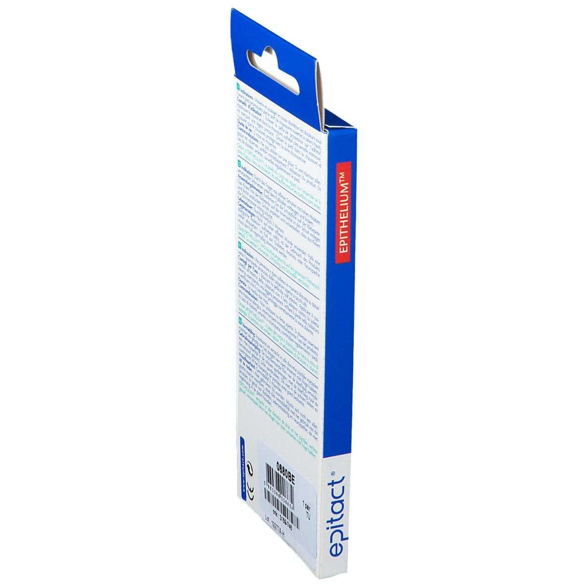 Zijaanzicht van de verpakking. Meertalige tekst, productnaam, fabrikantinfo, CE-markering.