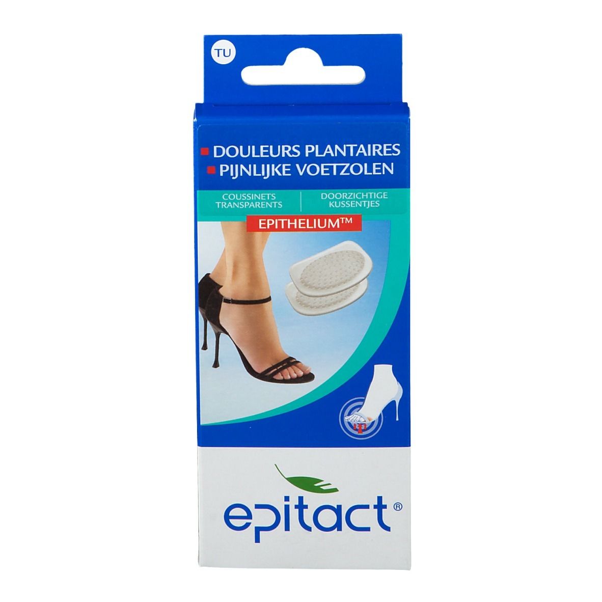 Verpakking Epitact Gelpad voor open schoenen. Productnaam, afbeelding, voeten in open schoenen, beschrijving.