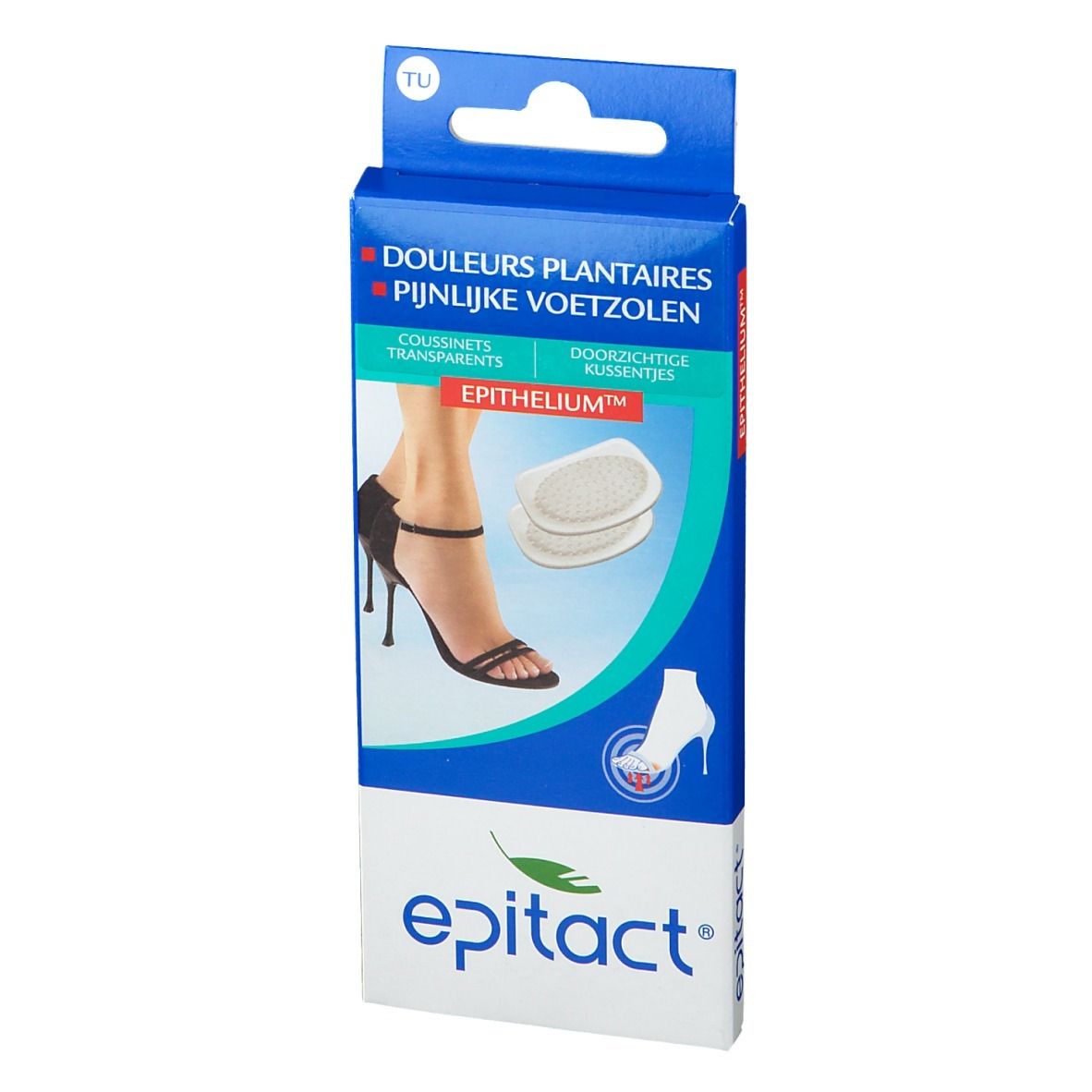 Verpakking Epitact Gelpad voor open schoenen. Productnaam, afbeelding, voeten in open schoenen, beschrijving.