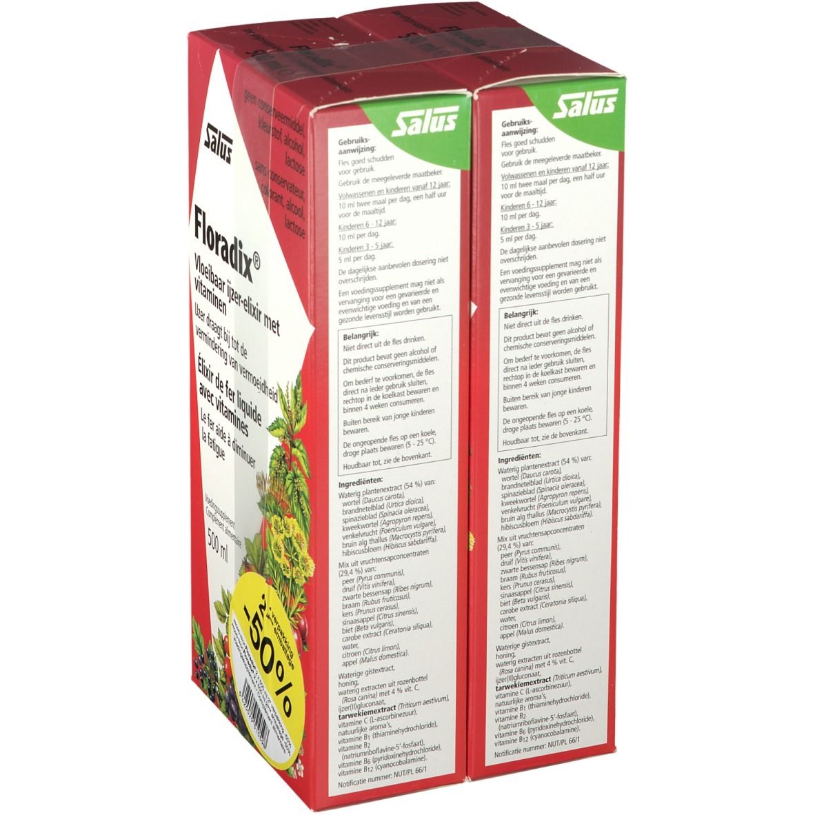 Achterkant van de Salus Floradix verpakking. Tekst in het Nederlands. Bevat informatie over ingrediënten en dosering.