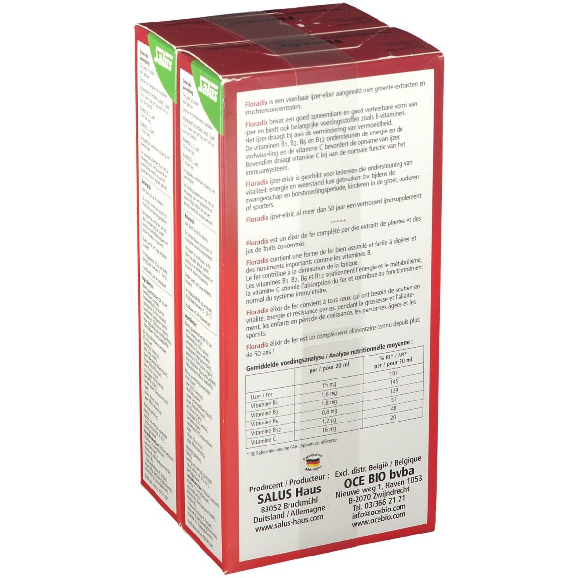 Achterkant van de Salus Floradix verpakking. Tekst in het Nederlands. Bevat informatie over ingrediënten en voedingswaarden.