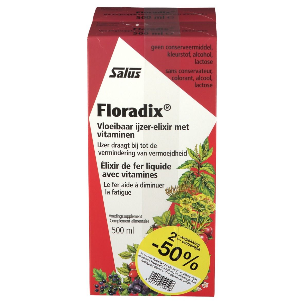 Salus Floradix verpakking. Rode en witte doos met productinformatie. Bevat 1 verpakking. Opdruk: -50%.