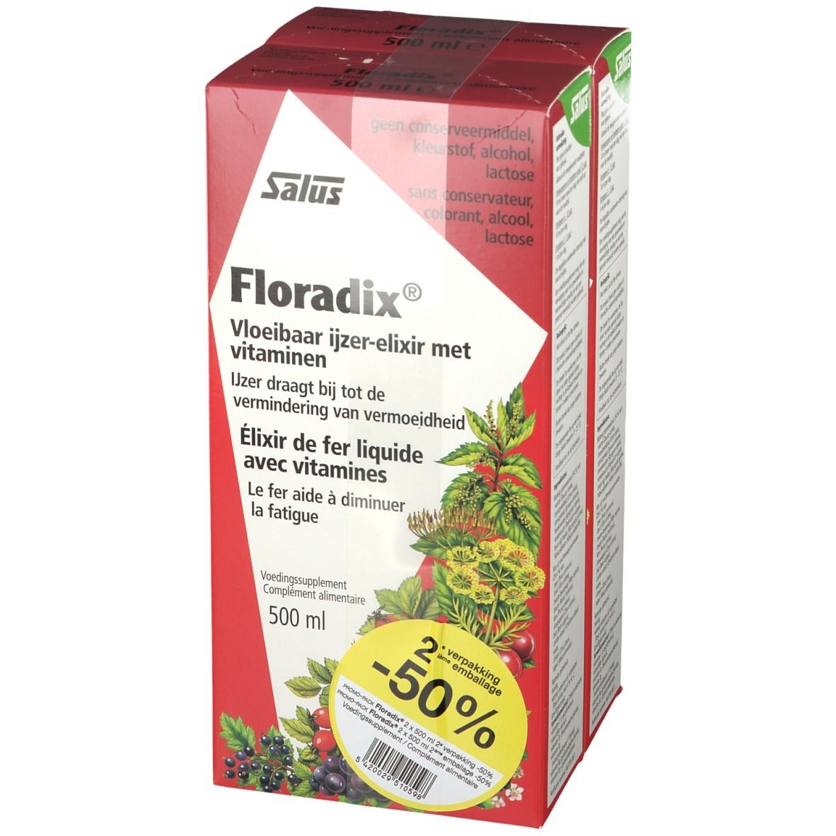 Salus Floradix verpakking. Rode en witte doos met productinformatie. Bevat 1 verpakking. Opdruk: -50%.