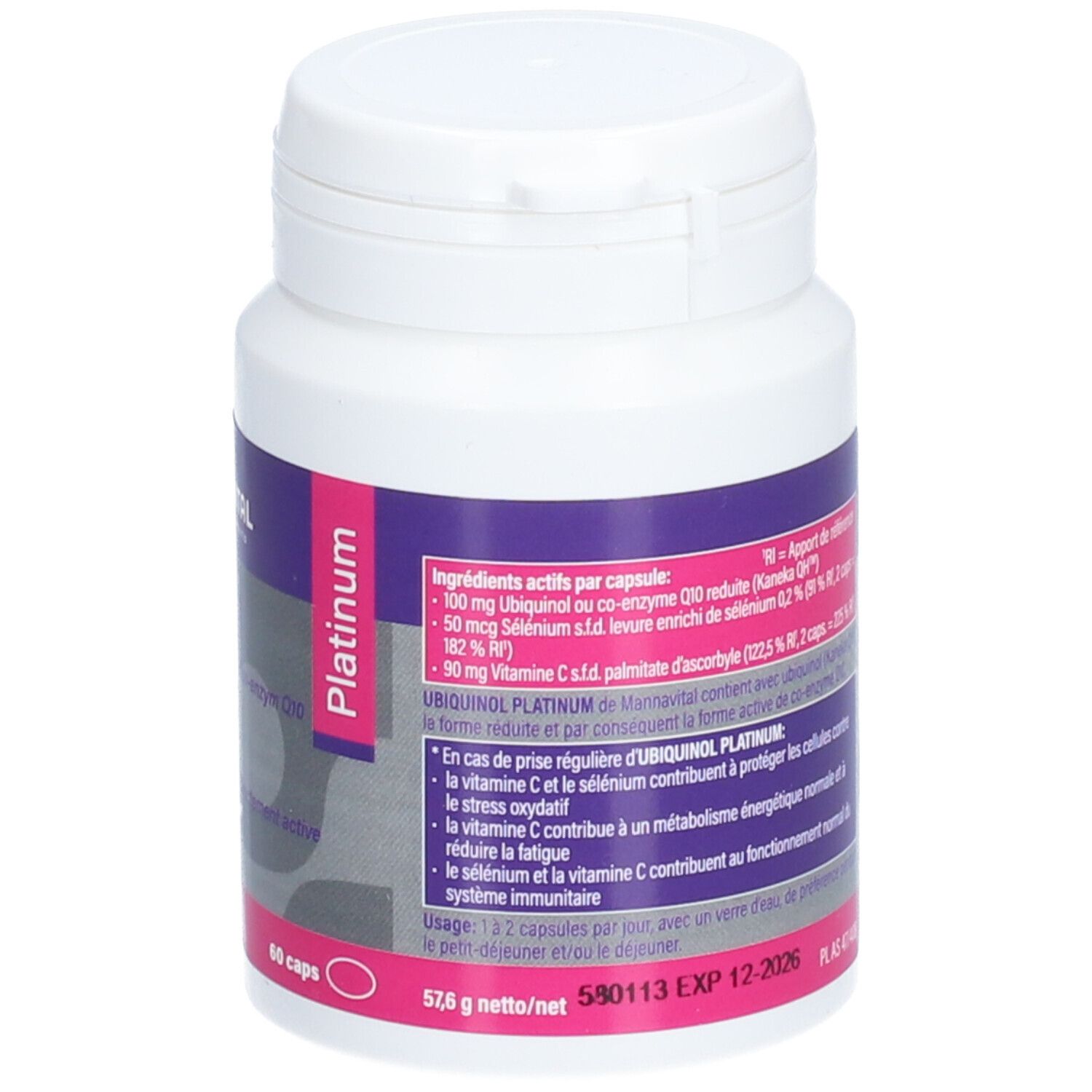 Witte fles met paars etiket. Opschrift: Ubiquinol Platinum, 60 capsules. Merk: Mannavital.