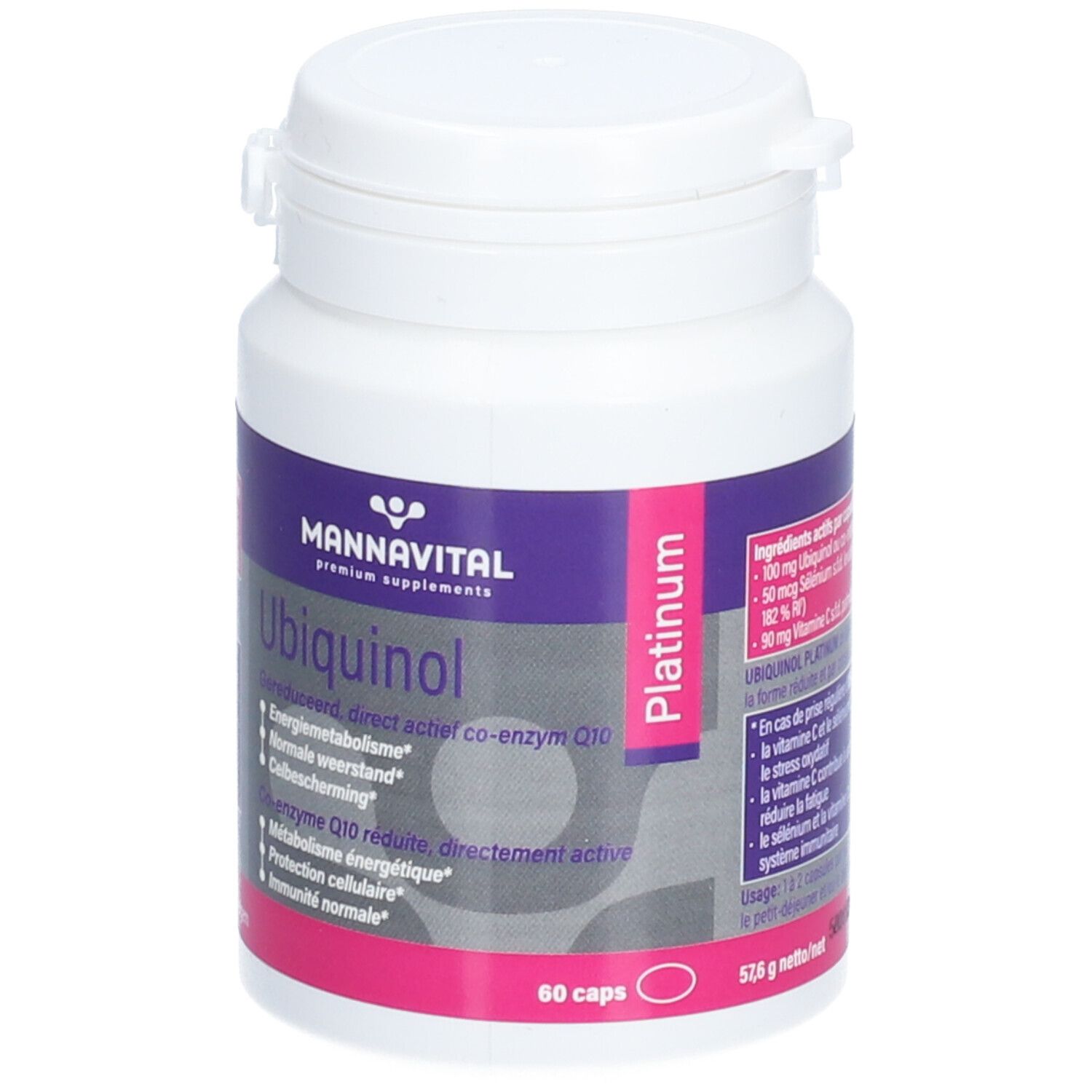 Witte fles met paars etiket. Opschrift: Ubiquinol, 60 capsules. Merk: Mannavital.