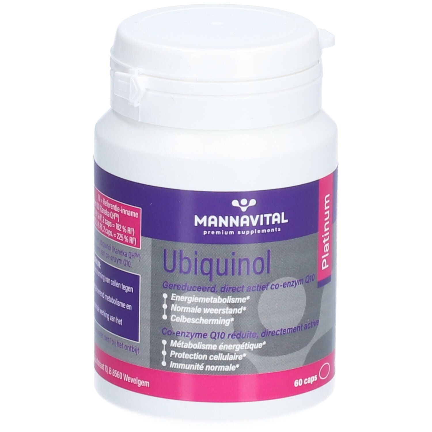 Witte fles met paars etiket. Opschrift: Ubiquinol, 60 capsules. Merk: Mannavital.