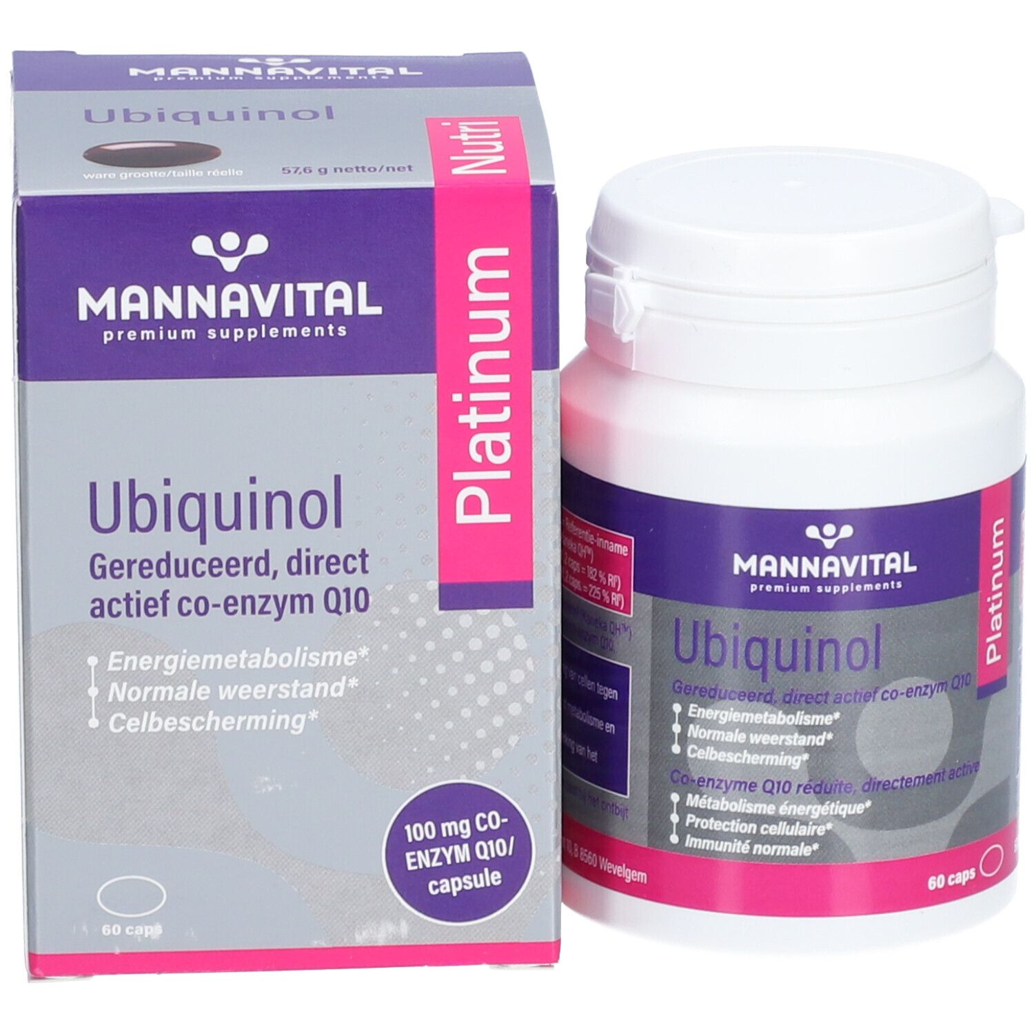 Productverpakking met fles en doos. Opschrift: Ubiquinol, 60 capsules. Merk: Mannavital.