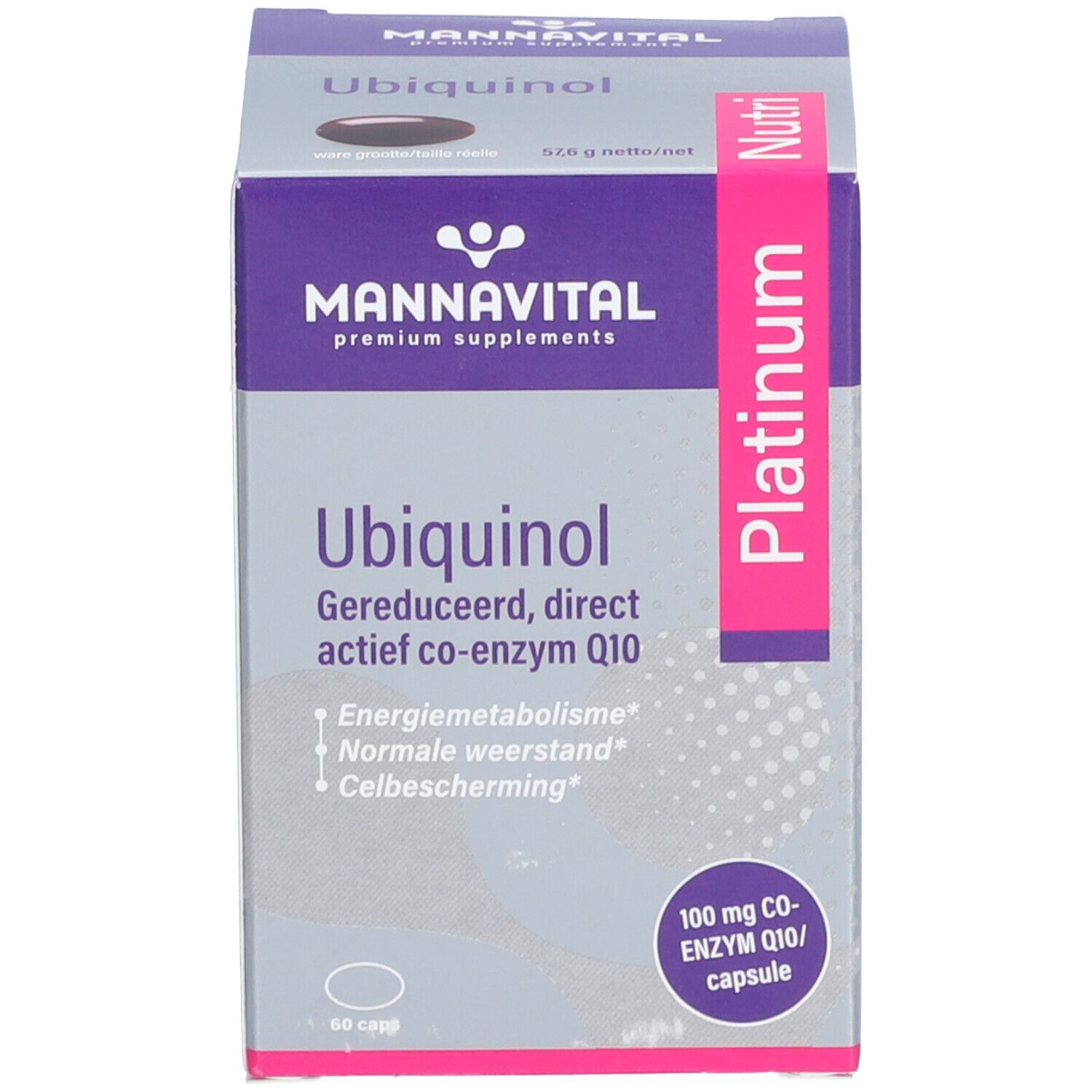 Productverpakking, doos. Opschrift: Ubiquinol, 60 capsules. Merk: Mannavital.
