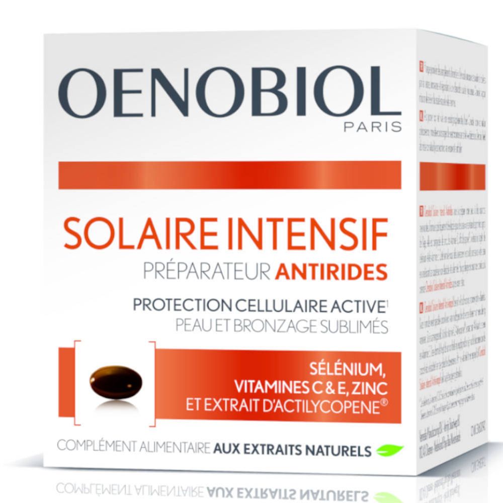 Boîte OENOBIOL® SOLAIRE INTENSIF® Anti-rides. Ingrédients : Sélénium, Vitamines C&E, Zinc et extrait d'actilycopène.