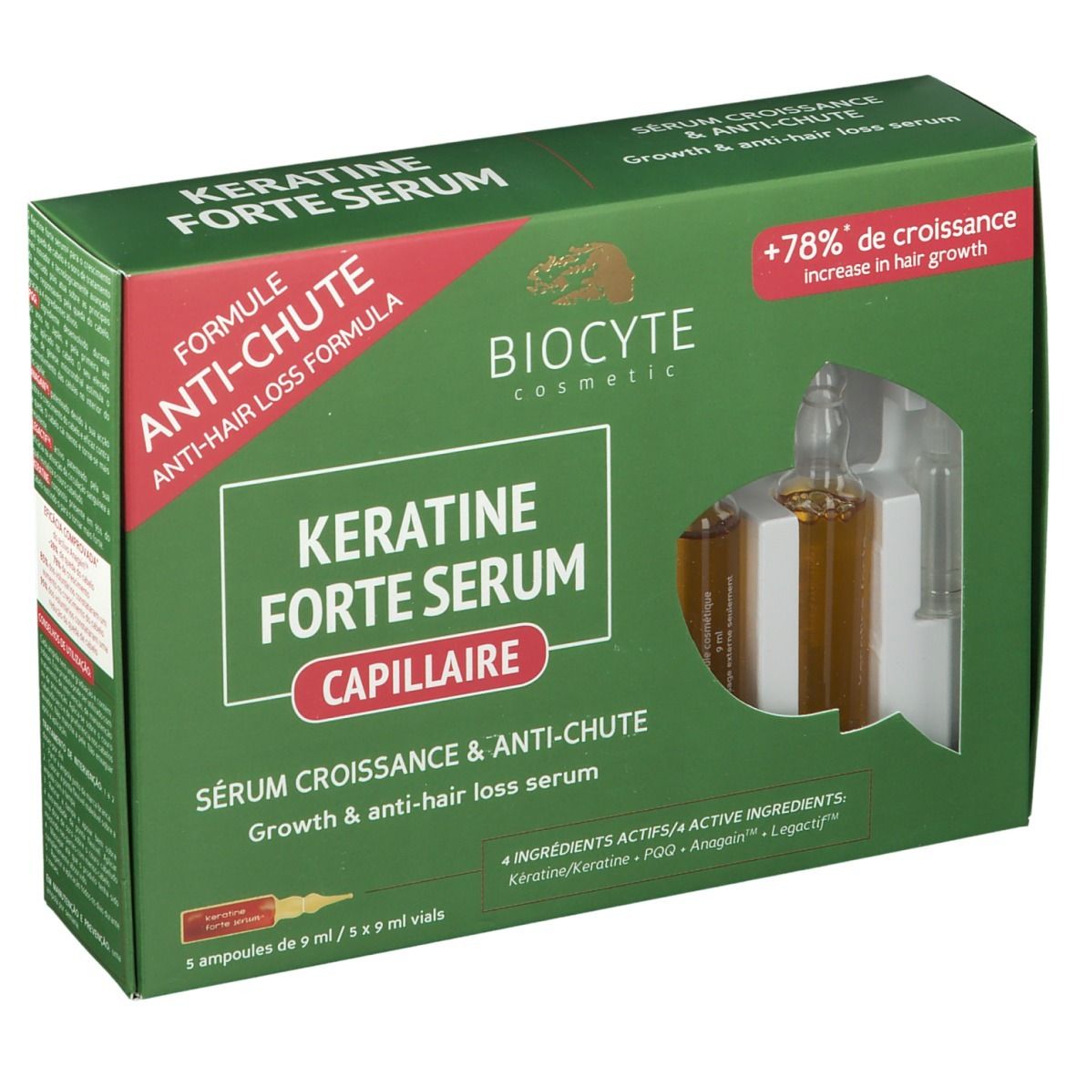 Grüne Schachtel mit Biocyte Keratine Forte Serum. Sichtbar sind Ampullen und Produktnamen.